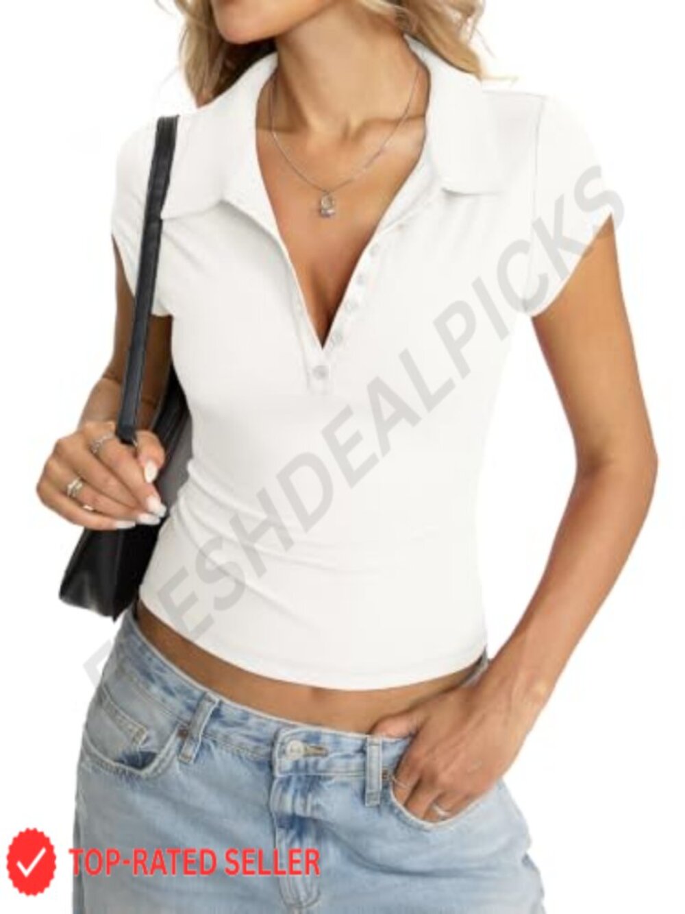 Womens Polo Shirt Cap Sleeve V-Neck Business Casual Slim Fit Top